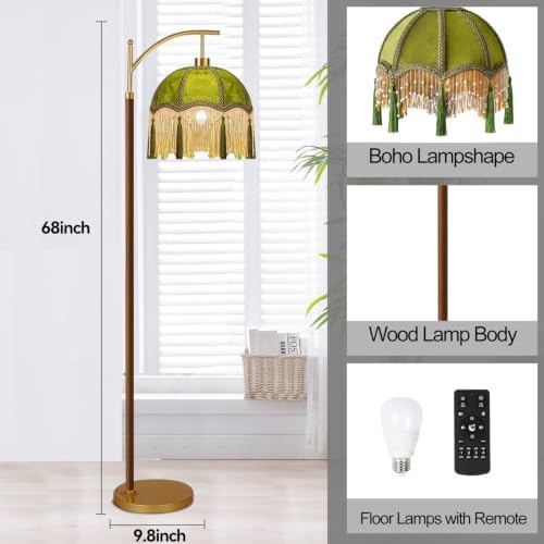 QIYIZM Vintage Floor Lamp for Living Room,Bedroom,Fringe Standing Lamp with Remote Dimmable,Green Mid Century Gold Arc Tall Lamp Boho Retro Wood Tassel Flower Unique Lamp Tiffany Victorian Decor - Image 6