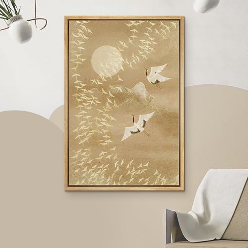 NWT Framed Canvas Print Wall Art Watercolor Crane Birds Flying Nature Wilderness Illustrations Modern Art Decorative Landscape Rustic Colorful for Living Room, Bedroom, Office - 24"x36" Natural - Image 3