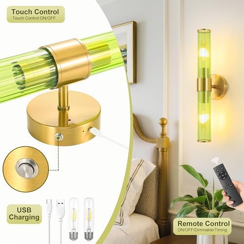 Morauroral Gold Battery Operated Wall Sconces Set of 2, Rechargeable Wall Lights with Remote Control, 20 Inch Modern Wireless Wall Lamp for Bedroom, Living Room with Green Shade (Bulbs Included) - Image 7