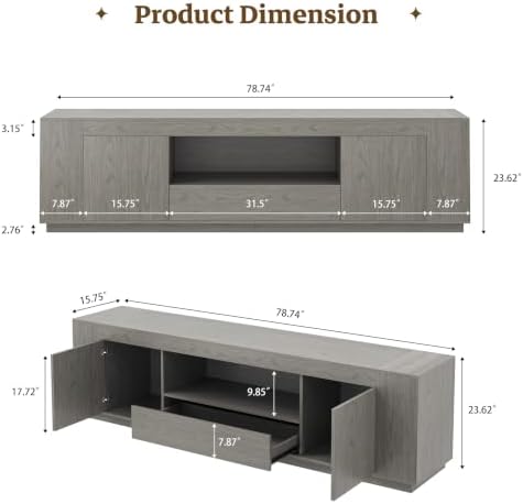 Epecoya Grey TV Stands with Storage Cabinets, Wooden Media Console - Image 2
