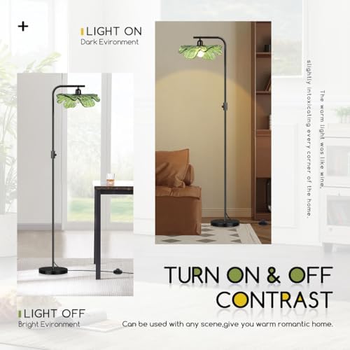 Vintage Dimmable Floor Lamp for Living Room, 67" Standing Lamp Mid Century Modern Tall lamp, Black Metal Pole with Green Flower Glass Shade, Tall Reading Lamp for Bedroom Office Corner - Image 3