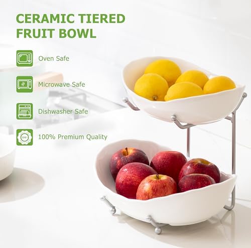 HBlife 2 Tier Fruit Bowl, Ceramic Fruit Basket for Kitchen Counter - Image 2