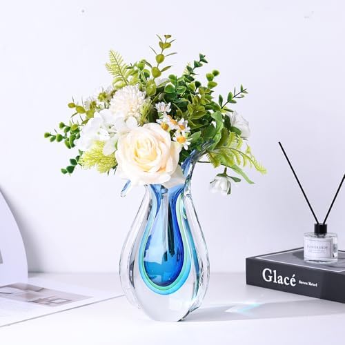 Blue Hand Blown Glass Vase – Oval Decorative Art Glass for Centerpieces, Murano Inspired Decor for Dining Room, Entryway Table, or Shelf, Handmade Glass Vase for Home Display (Blue Green) - Image 3