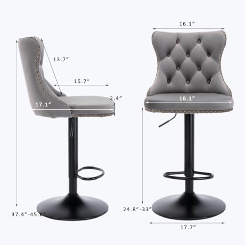 SoarFlash Velvet Bar Stool Set of 2, Adjustable Swivel Bar Stools with Black Metal Leg, Button Tufted, Footrest, Chrome Nailhead, Counter Height Chair for Kitchen, Bar, Dining Room (Grey) - Image 2