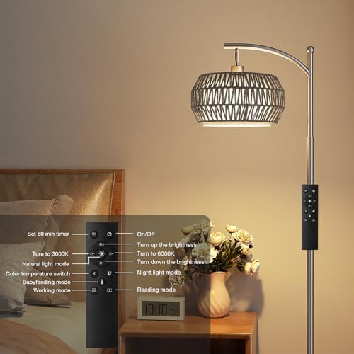 Ambimall Arc Floor Lamp with Remote & Rattan Double Shades, Gray Bohemian - Image 6