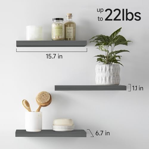 BAYKA Floating Shelves for Wall, Wall Mounted Rustic Wood Shelves for Bathroom, Bedroom, Living Room, Kitchen,Small Hanging Shelf for Books/Storage/Room Decor (Grey, Set of 3, 15.7in) - Image 5