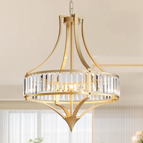 Crystal Chandeliers for Dining Room 21.6" Rustic Farmhouse Chandelier with Round Metal Shade 6-Light Large Gold Dining Room Light Fixture for Kitchen, Hallway, Bedroom, Foyer by Majhoiw
