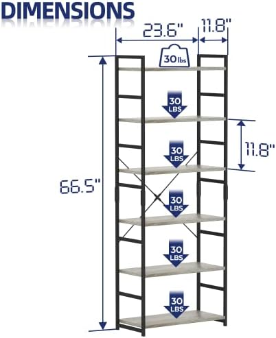 NUMENN 6 Tier Bookshelf, Tall Freestanding Open Storage Bookcase, Grey - Image 3
