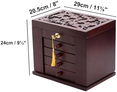 Changsuo Wooden Jewelry Box for Women, Organizer Box of Solid Wood with Lock and Key for Jewelries, Watches, Necklace, Ring, Lockable Storage Case (Burgundy) - Image 3