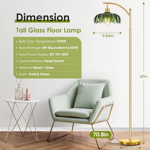 gernehop Gold Floor Lamp for Living Room,Unique Vintage Standing Tall Lamp,Mid Century Modern Floor Lamps Arc Green Glass Floor Lamps for Office Corner - Image 2