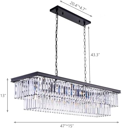 Wellmet Crystal Chandelier 47-inch, 11-Light Modern Rectangular Black Chandelier Ceiling Hanging for Dining Room, Linear Chandeliers Light Fixture for Living Room, Bedroom, Kitchen Island, Pool Table - Image 4
