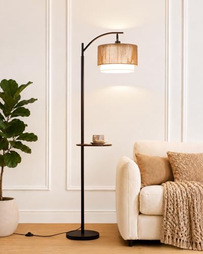 PESRAE Rattan Floor Lamp for Living Room, Farmhouse Arc Standing Lamp by PESRAE