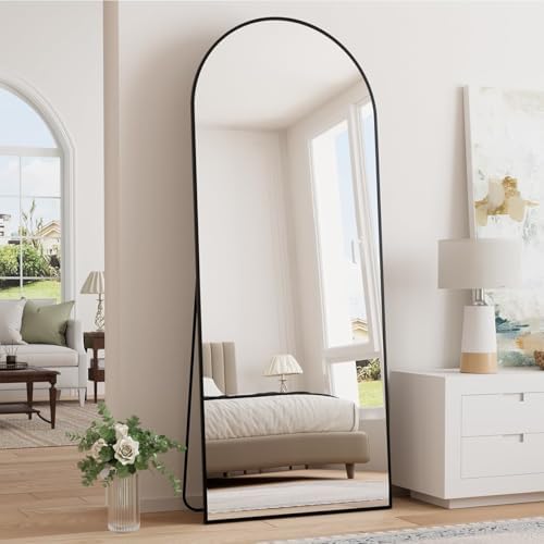 Prywot Full Length Mirror, 64"x21" Arched Floor Mirror with Stand, Black by Prywot