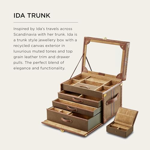 WOLF Ida Trunk Jewelry Box, Khaki - Trunk-Style Jewelry Box - Includes Ring Slots, Drawers, Covered Trays, Lid Mirror, Travel Case & Custom Lock - Image 2
