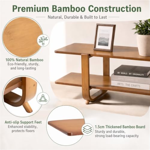 HollyHOME Bamboo TV Stand with Storage for TVs up to 65'', Modern Entertainment Center with 2 Open Shelf, Accent TV Media Console Table for Living Room, Bedroom, 55"(L), Walnut - Image 4