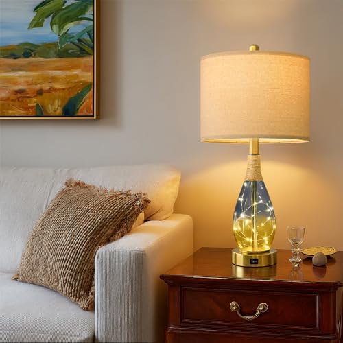 OYEARS 23" Table Lamps for Living Room Set of 2,Bedside Lamps for Night Stands, Rattan Lamps for Bedroom,Farmhouse Lamps with Glass Nightlight,Two Light Points - Image 4