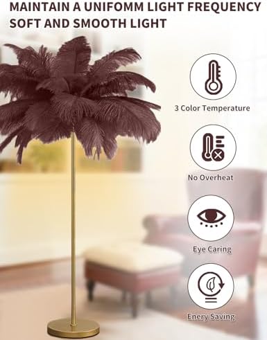 Feather Floor Lamp,Fluffy Ostrich Feather Floor Lamp for Bedroom,3 Color Temperatures Led Corner Modern Floor Lamps for Living Room Christmas Home Decor House Warming Gifts,63″ Height (Coffee) - Image 5
