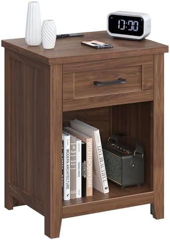 Decofy Farmhouse Nightstand with Charging Station, Walnut by Decofy