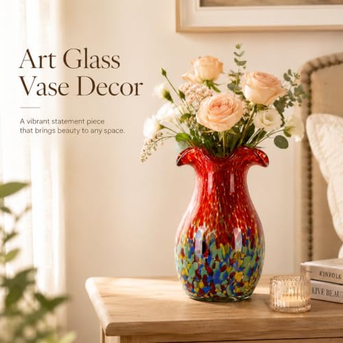 10.6in Hand Blown Blue Glass Vase – Wide Mouth Murano Bubble Art Glass Vase, Cobalt Blue Flower Vase for Coastal, Vintage, Colorful Home Decor, Vase Gift for Mom or Display (Red) - Image 5
