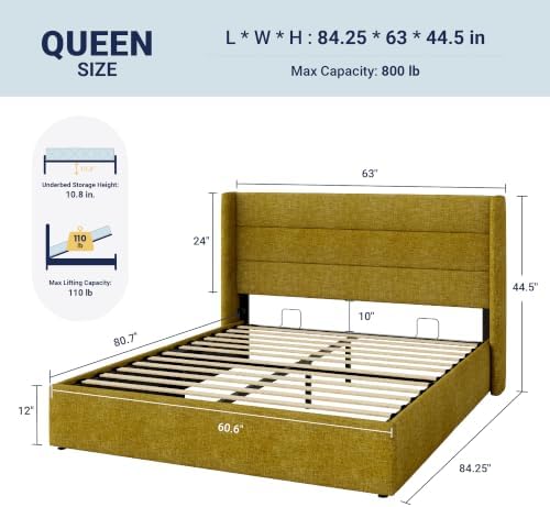 Allewie Queen Size Lift Up Hydraulic Storage Bed Frame Olive Yellow - Image 2