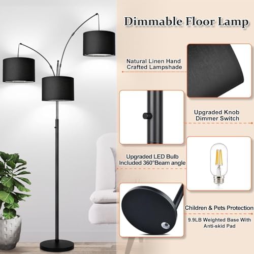 Dimmable Floor Lamp - 3 Lights Arc Floor Lamps for Living Room, 1000LM Modern Tall Standing Lamp With Black Shades & Heavy Base, Mid Century Tree Floor Lamp for Bedroom Office, 3 LED Bulbs Included - Image 4