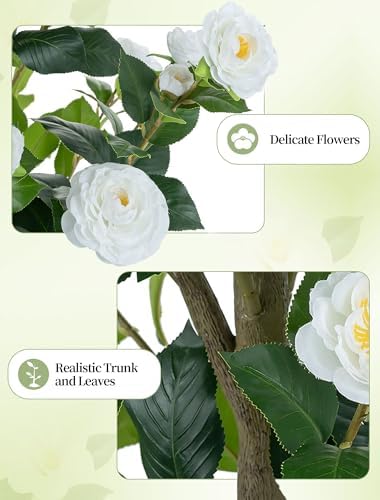 BLOSMON 5ft Artificial Camellia Tree for Outdoor Front Porch Decor, White - Image 3