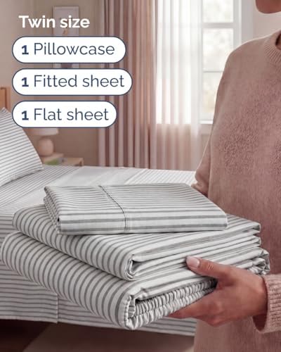 Twin Size 3 Piece Sheet Set - Breathable & Cooling Sheets - Grey Stripes - Image 3