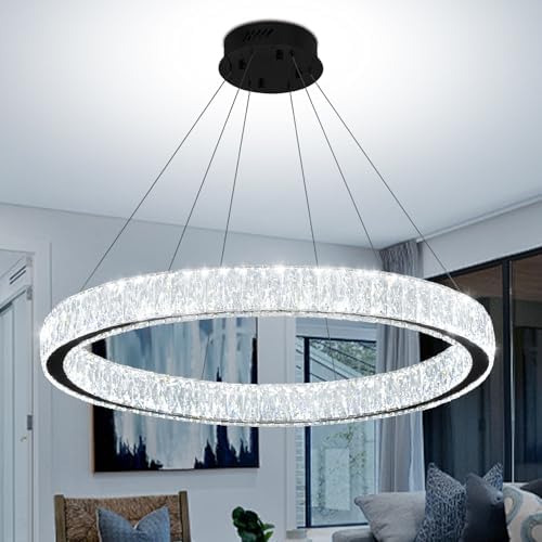 Modern Crystal Ring Chandelier 31.5in Ring Pendant Light Adjustable LED Dimmable Black Crystal Chandelier for Dining Room Living Room - Image 3