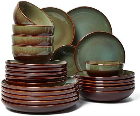 Pokini Stoneware Dinnerware Sets for 6, 24pcs Plates and Bowls Sets Dishes by Pokini