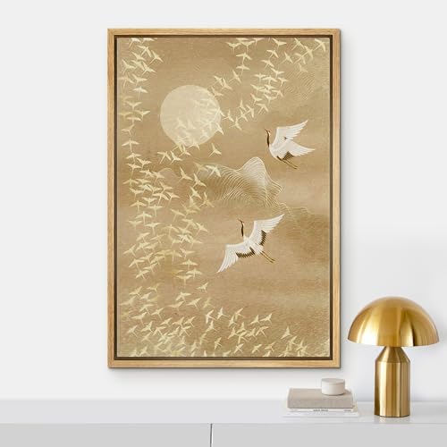 NWT Framed Canvas Print Wall Art Watercolor Crane Birds Flying Nature Wilderness Illustrations Modern Art Decorative Landscape Rustic Zen Colorful for Living Room, Bedroom, Office - 16"x24" Natural - Image 2