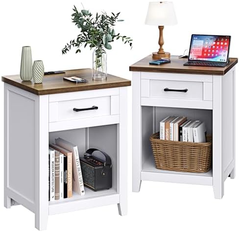 Decofy Farmhouse Nightstand with Charging Station & Large Storage, Set of 2 Modern End Tables with Outlets, USB Ports and Type-C Ports, Easy Assembly for Bedroom (Pure White + Walnut) by Decofy
