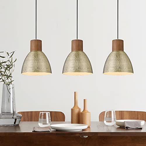 ELYONA Hammered Pendant Lights for Kitchen Island, 7” Small Solid Wood Vintage Metal Hanging Light Fixture Adjustable Height Antique Gold Pendant Lamp for Farmhouse, Dining Room, Brushed Brass, 3 Pack by ELYONA