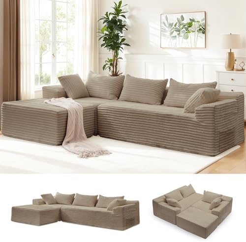 Korser 110" L-Shaped Modular Sectional Sofa with Chaise, Boneless Comfy Corduroy Fluffy Couch with Deep Seat and Side Pockets, Flexible Module Combination for Living Room, No Assembly, Side Pockets by KORSER