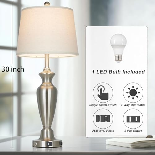 Cinyirong 30" Tall Silver Table Lamp for Living Room, 3-Way Dimmable Touch Control Bedside Lamp for Bedroom Nightstand with USB A+C Ports & AC Outlet (1 Pack) - Image 2