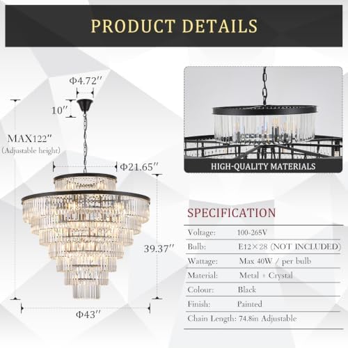 CATINER 43.3" Large Crystal Chandelier,28-Light Modern Black Light Fixture - Image 2