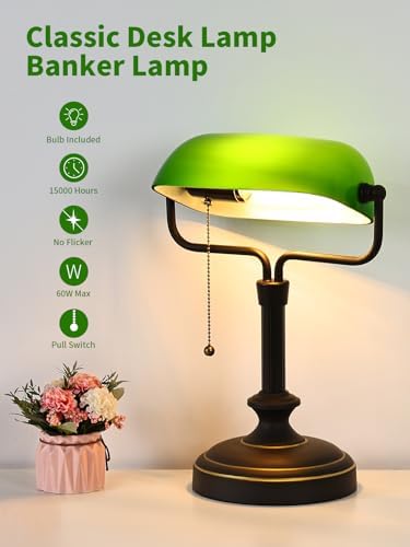 Traditional Banker's Desk Lamp with Glass Shade,Pull Chain Switch, LED Bulb Included (Antique Black+Green) - Image 4