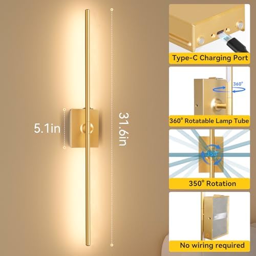 Battery Operated Wall Sconces Set of 2, Remote Control, 10000mAh, Gold - Image 5