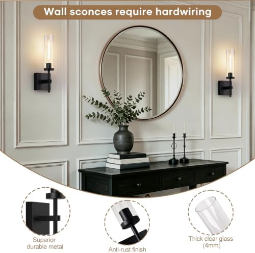 Hardwired Wall Sconces, Black Bathroom Sconces Wall Lighting with Clear Glass, Modern Sconces Wall Decor Set of 2 Bathroom Light fixtures for Mirror Hallway - Image 6