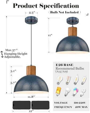 ELYONA Modern Hammered Pendant Light Fixtures with 12" Metal Shade Solid Wood Dome Hanging Pendant Light for Farmhouse Kitchen Island Dining Room Sink Bedroom Hallway Medium 2 Pack Blue - Image 4