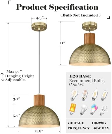 ELYONA Vintage Pendant Light Fixtures, 12” Brushed Brass Hammered Metal & Rubber Wood Industrial Dome Hanging Lamp, Antique Gold Kitchen Pendant Light for Island, Farmhouse, Sink, Dining Room, Hallway - Image 3
