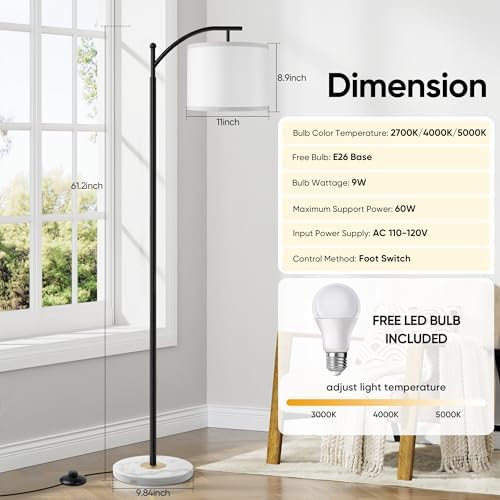 Floor Lamp for Living Room with Marble Base, Modern Standing Lamp with 3 Color Temperatures Bulb & Adjustable Linen Shade, Tall Lamp for Bedroom Office Reading Nursery - Image 3
