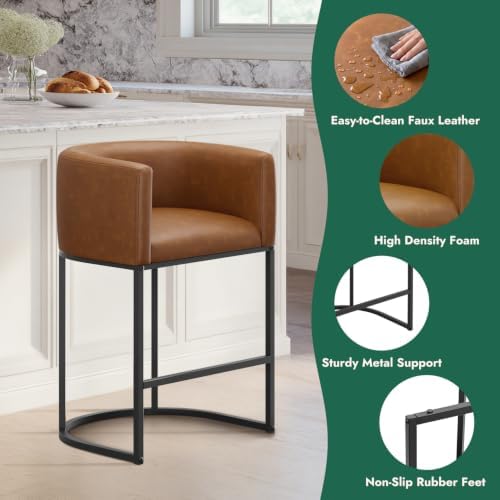 Counter Height Bar Stools Set of 3, Modern Counter Stools for Dining Room, 24 Inch Barstools for Kitchen Island, Faux Leather Bar Stool with Metal Legs and Back Footrest, Brown - Image 3