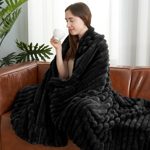 Amélie Home Soft Striped Faux Fur Throw Blanket for Couch, Black, 55"x70" - Image 3