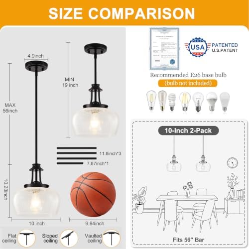 Modern Pendant Lights Kitchen Island, Matte Black Pendant Light Fixtures with 10" Hand Blown Crack Glass Shade, Industrial Hanging Pendant Lights Fixture for Kitchen Island Dining Room Entryway - Image 5
