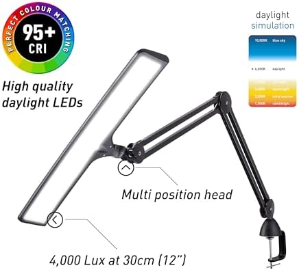 daylight Lumi Task Lamp - Professional 4000 Lux LED Desk Lamp, Adjustable, Color Accurate, Eye-Caring for Office, Home Office, Artist, and Reading - Black - Image 2