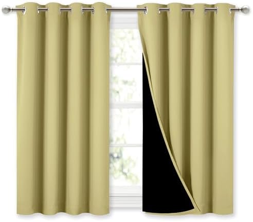 NICETOWN 100% Blackout Curtains with Black Liners, Thermal Insulated Full Blackout 2-Layer Lined Curtains, Energy Efficiency Window Draperies for Dining Room (Paler Yellow, 2 Panels, 52" W by 45" L) by NICETOWN