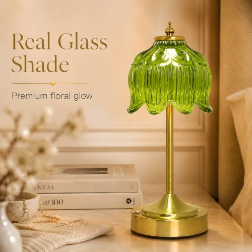 Lotus Flower Table Lamp, Cordless Rechargeable Amber Glass Bedside Lamp | 3600mAh Battery, Touch Control, 3 Color Modes & Stepless Dimming for Bedroom, Nightstand Beryl Green 1PC - Image 3