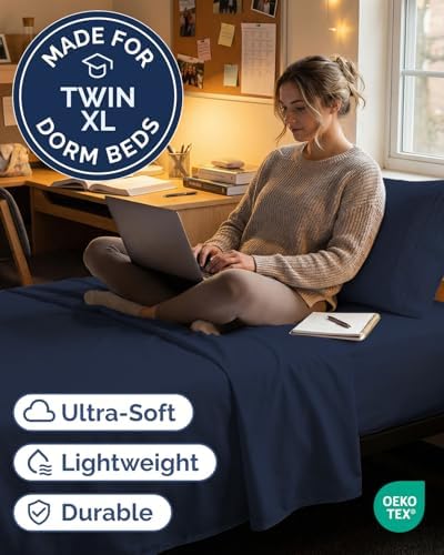 Twin XL 3 Piece Sheet Set - College Dorm Room Essentials - Navy Blue - Image 2