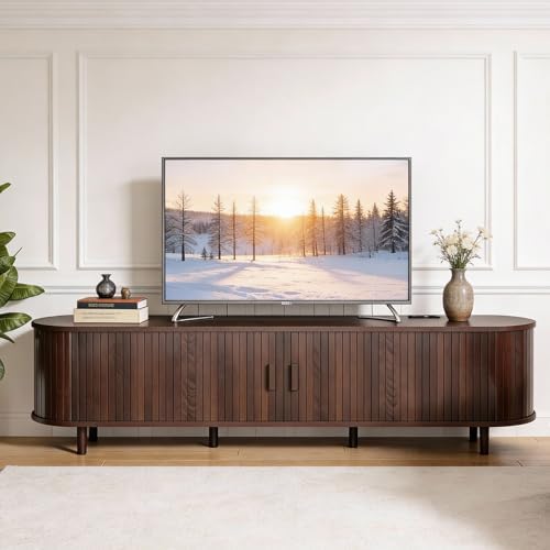 70" Mid Century Modern TV Stand, Wood TV Consoles with Sliding Doors and Power Outlet, Entertainment Center with Adjustable Shelves, Fluted TV Stands for Living Room, Walnut - Image 3