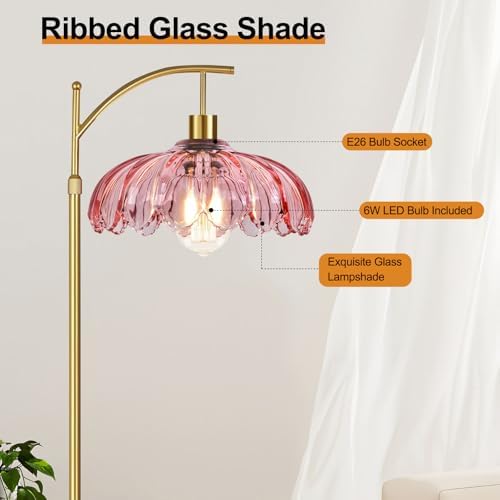 ILLMTW Floor Lamp for Living Room,Bedroom,Gold Dimmable Standing Lamp with Remote,Mid Century Modern Brass Tall Lamp Retro Vintage Pink Glass Lamp Floor Light Boho Bohemian - Image 7
